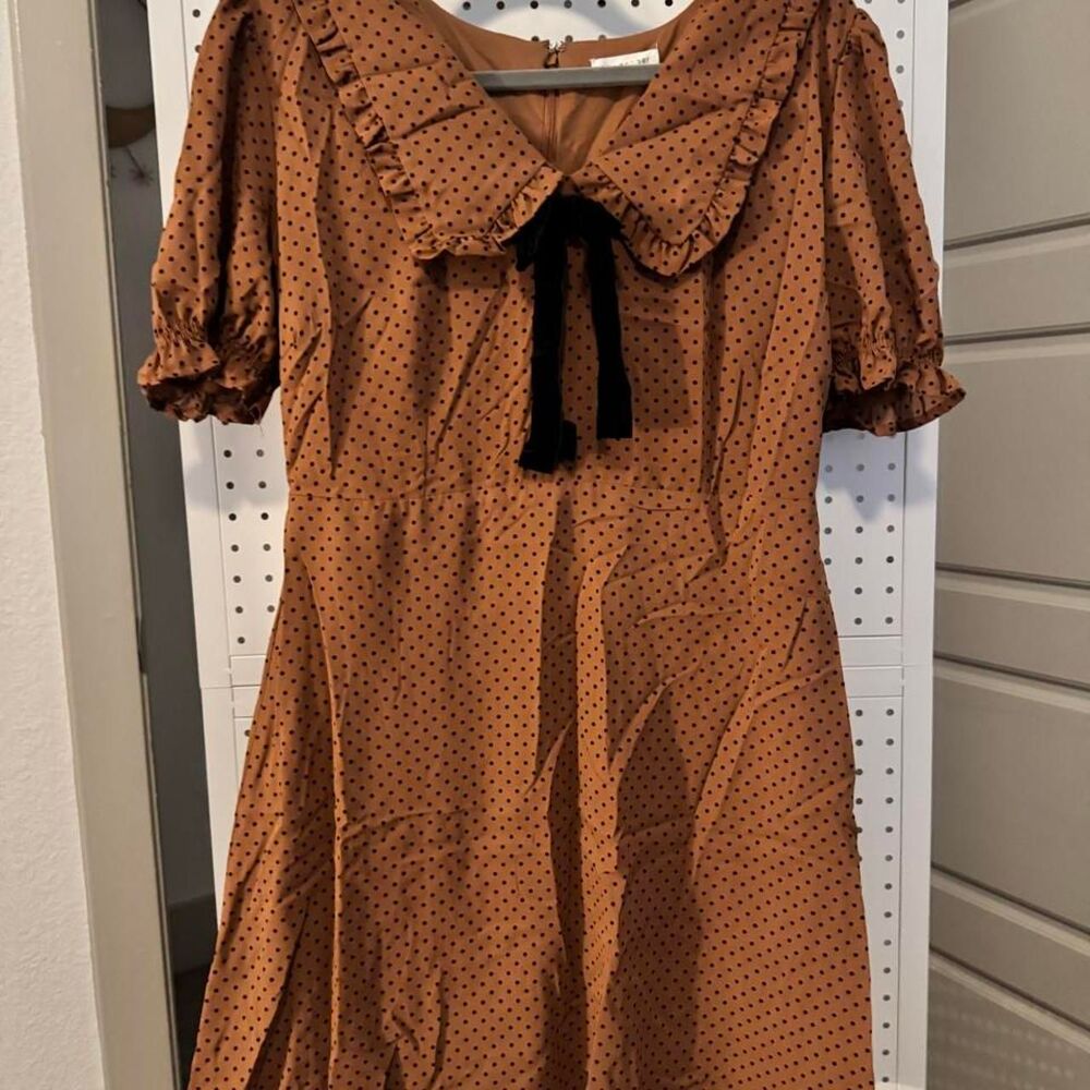 Blu Pepper Brown Polka Dot Peter Pan Collar Mini Dress XL Velvet Bow